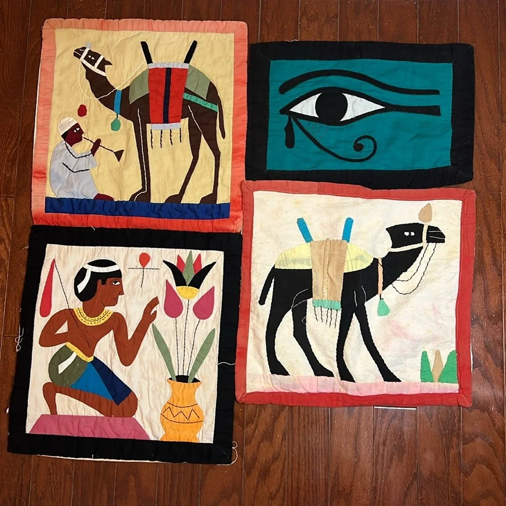Egyptian Revival Tapestry Set of 3‎ Embroidered Patchwork Pillow Covers RARE